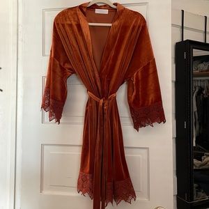 Terracotta color Velvet Robe with lace trim
